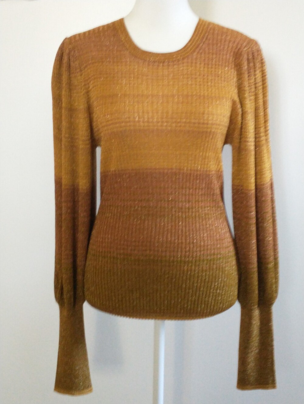 Ulla Johnson Striped Metallic Ribbed Knit Sweater - Mustard/Brown M